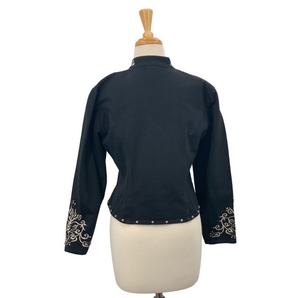 Stonebridge Petites LS Button Front Black Denim Jacket Embroidered Studded‎ 8P - Picture 5 of 5